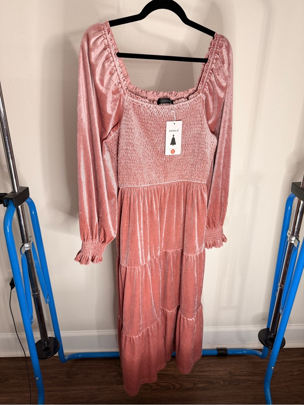 ZENSKA Blush Pink Velvet Smocked Maxi Dress